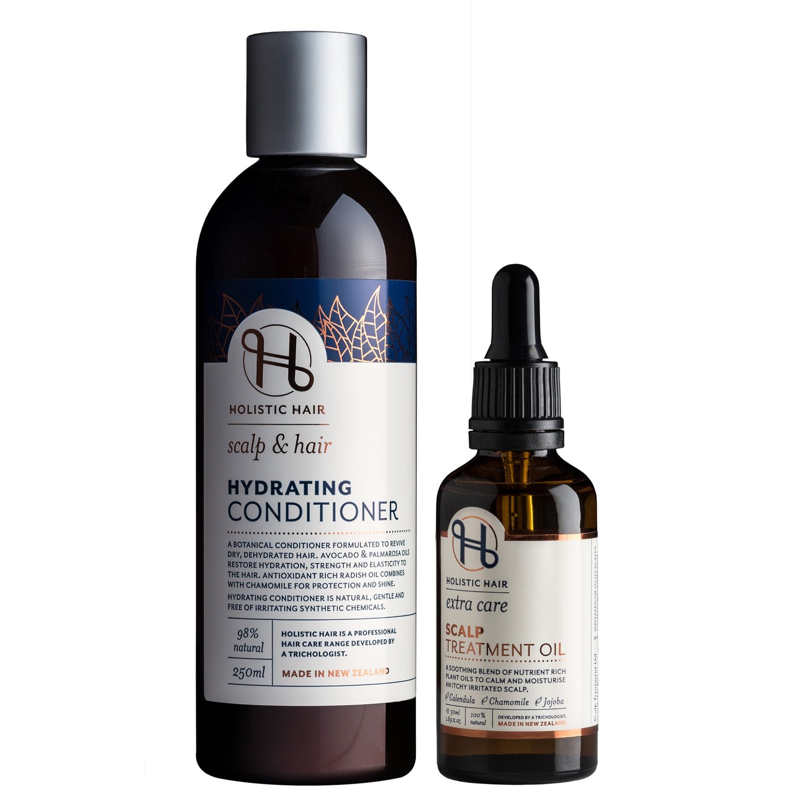 Hydrating Conditioner 250ml and Scalp Treatment Oil 50ml on a transparent background.