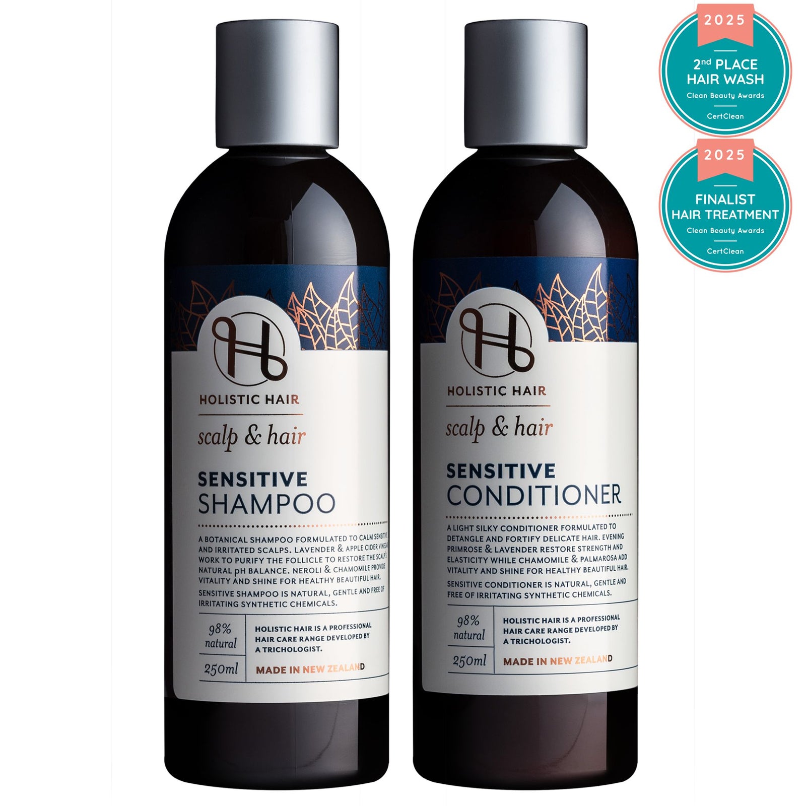 Calming Sensitive Shampoo & Conditioner Set enriched with Apple Cider Vinegar, Lavender, and Nettle Extract, providing antifungal benefits, soothing irritation, and enhancing shine and manageability for delicate hair.