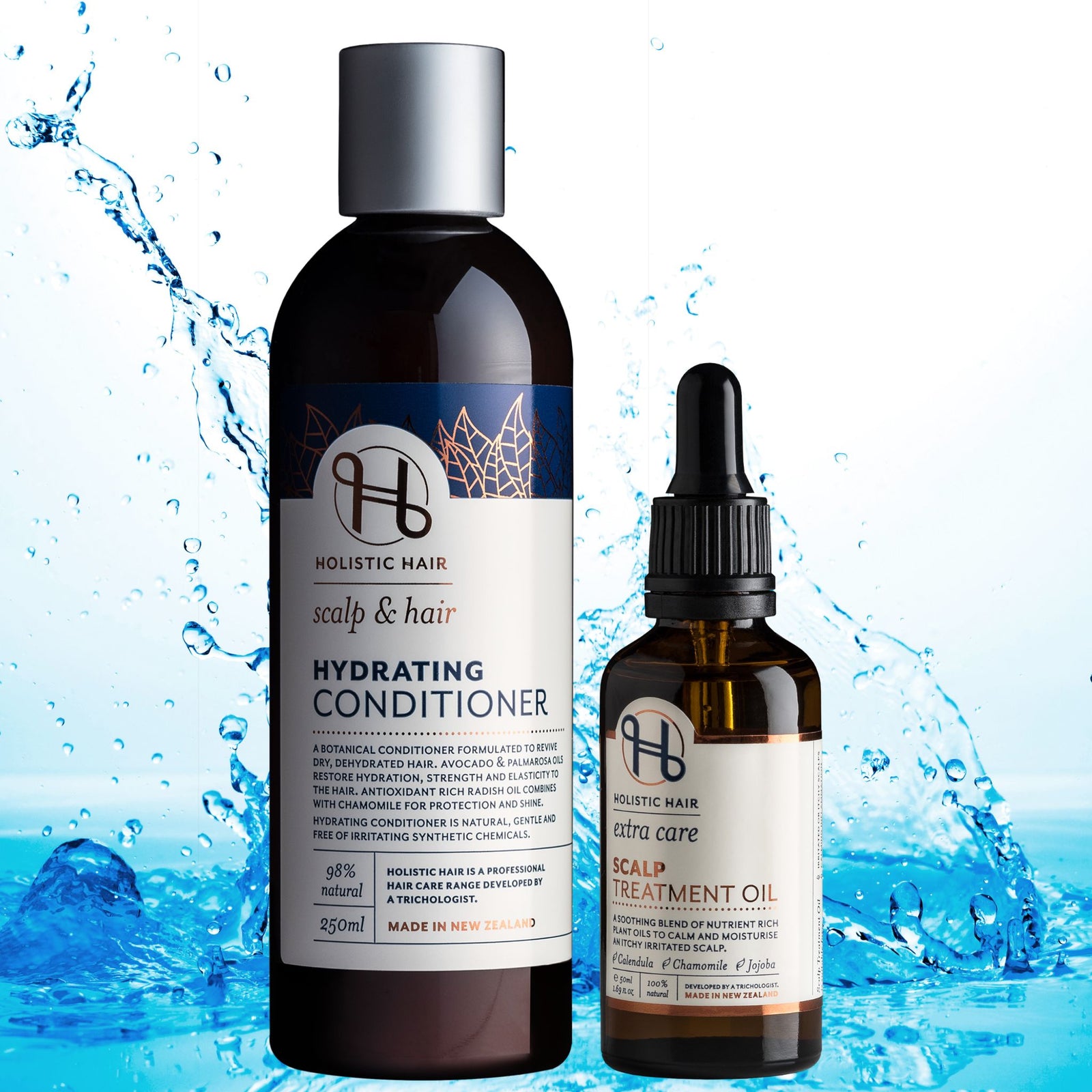 Hydrating Conditioner 250ml and Scalp Treatment Oil 50ml on a transparent background. 