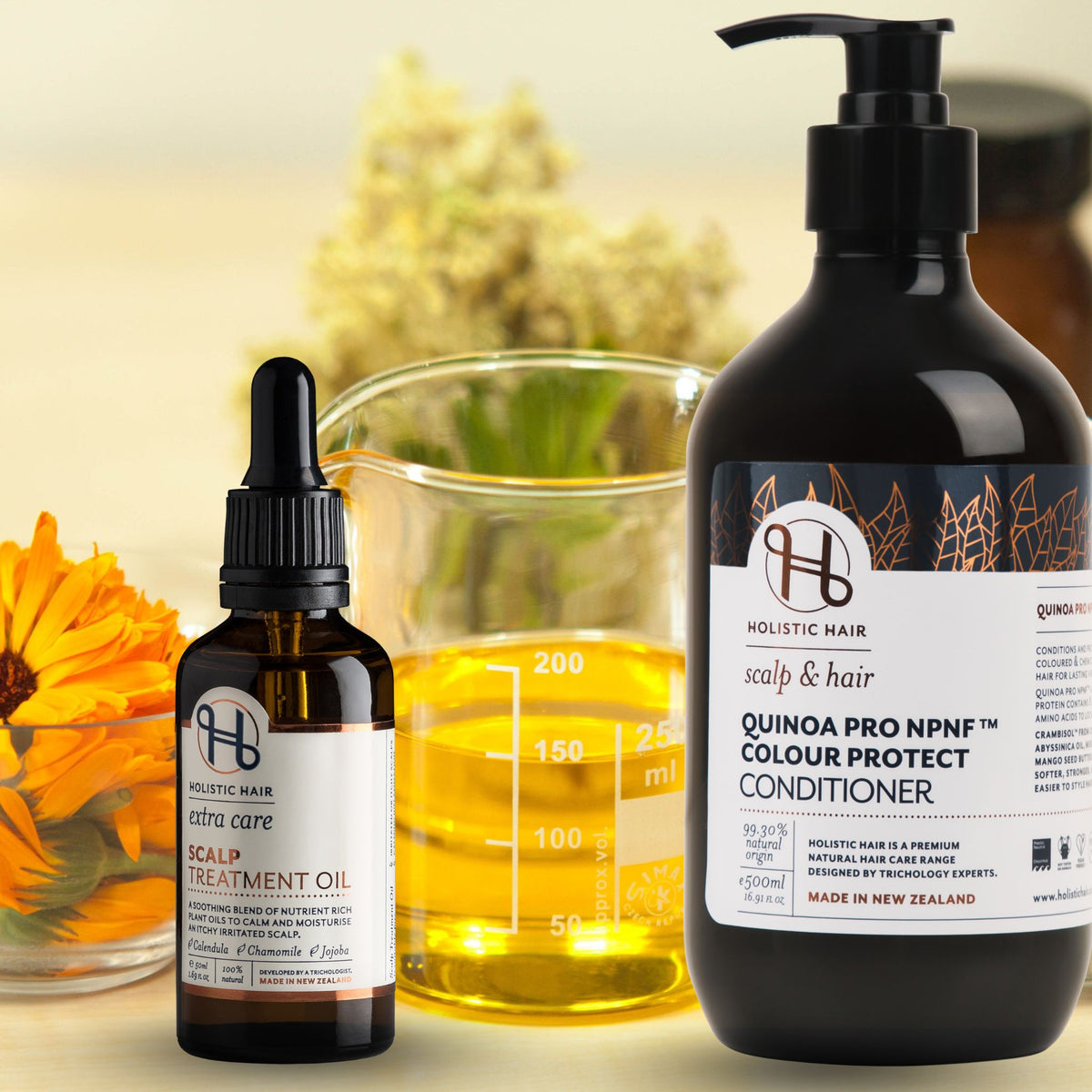 Deep Repair Treatment Duo – 500ml Colour Protect Conditioner and 50ml Scalp & Hair Oil side by side with botanical ingredients in the background.
