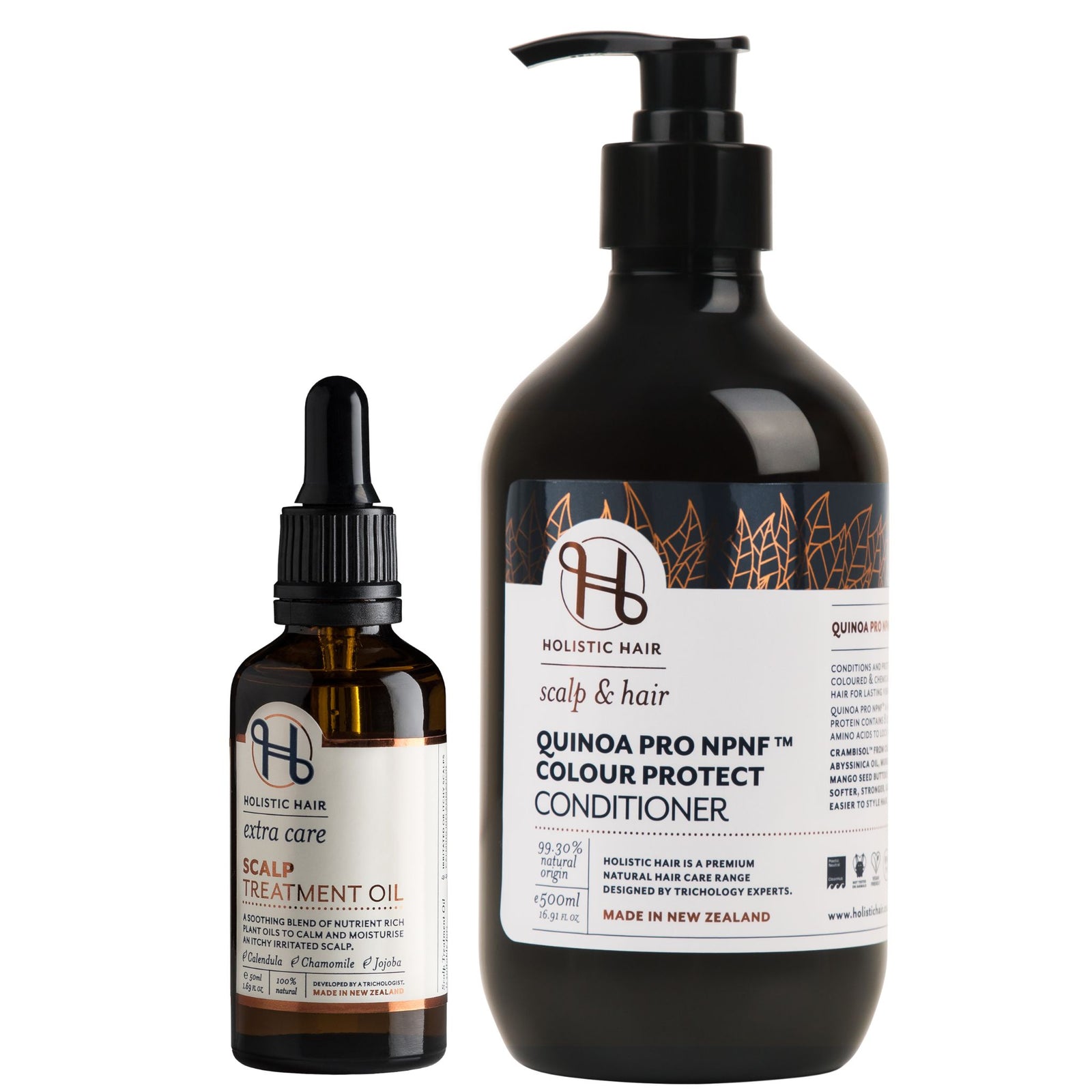 Scalp Treatment Oil 50ml and Quinoa Pro Colour Protect Conditioner 500ml on a transparent background.