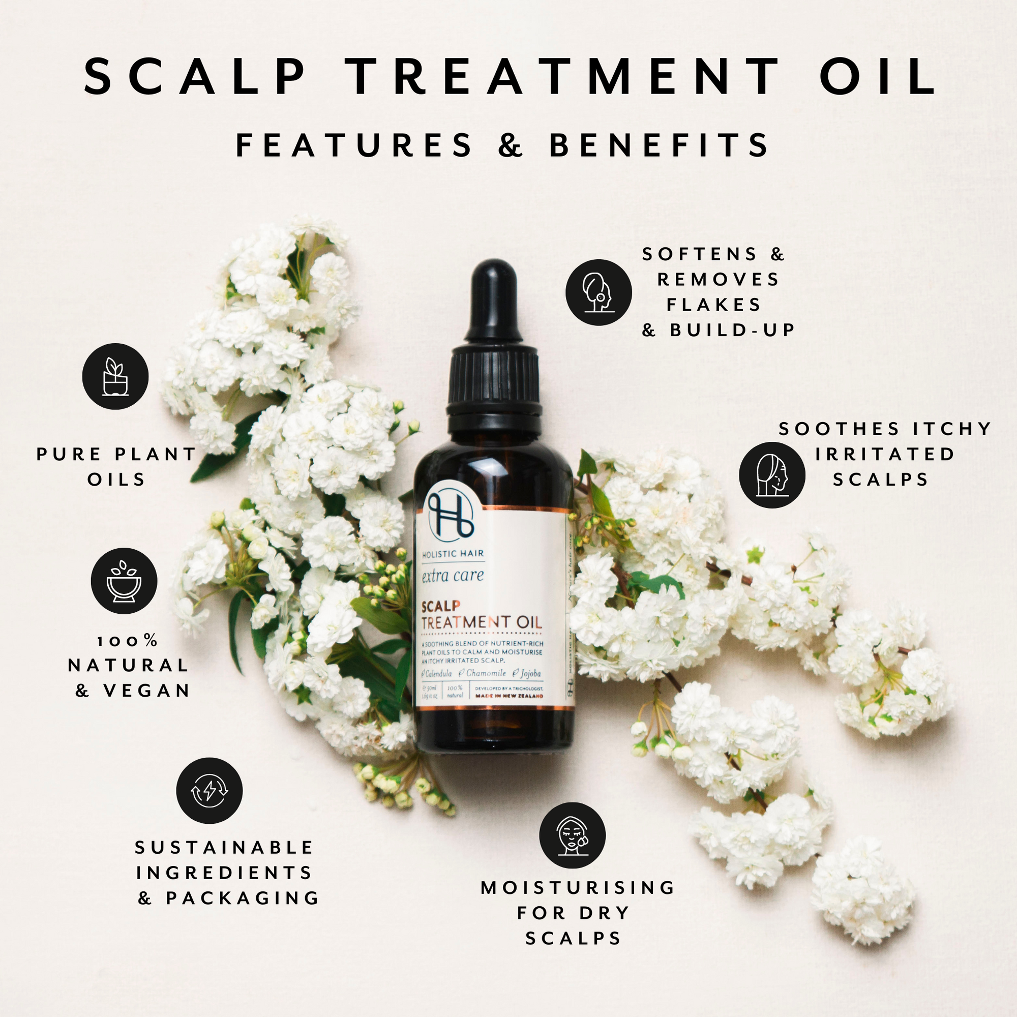 Bottle of soothing scalp oil surrounded by calendula, lavender, and chamomile flowers, representing natural relief and moisture.