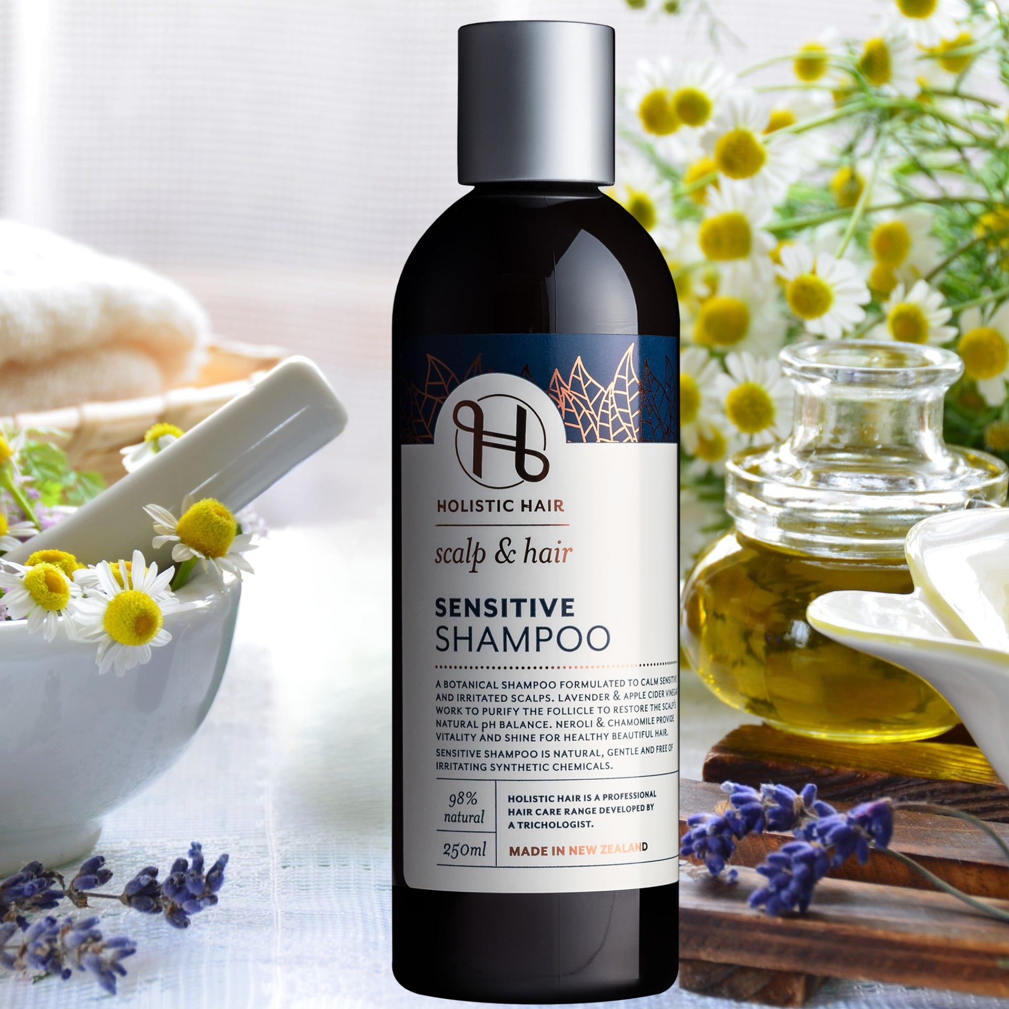 Bottle of Sensitive Shampoo with a background of lavender, chamomile, and other botanicals.