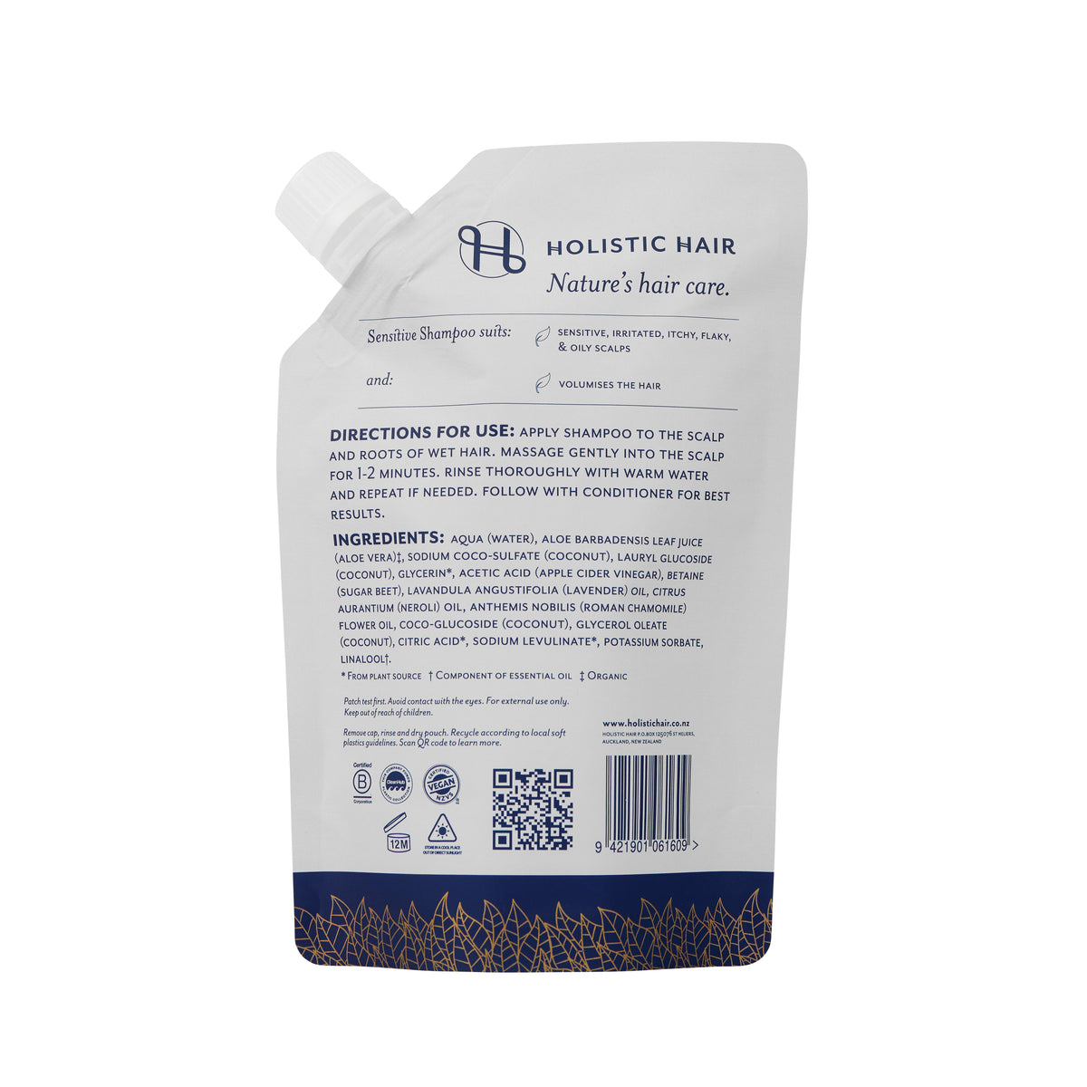 Image of the back of the Sensitive Shampoo 500ml Refill Pouch.
