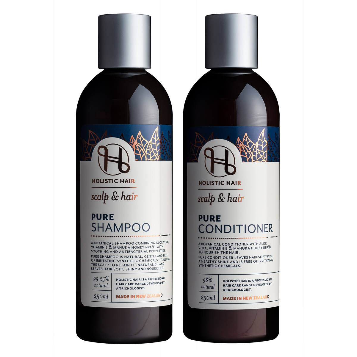 Natural haircare duo with aloe vera, vitamin E, and manuka honey, ideal for sensitive scalps and gentle cleansing.