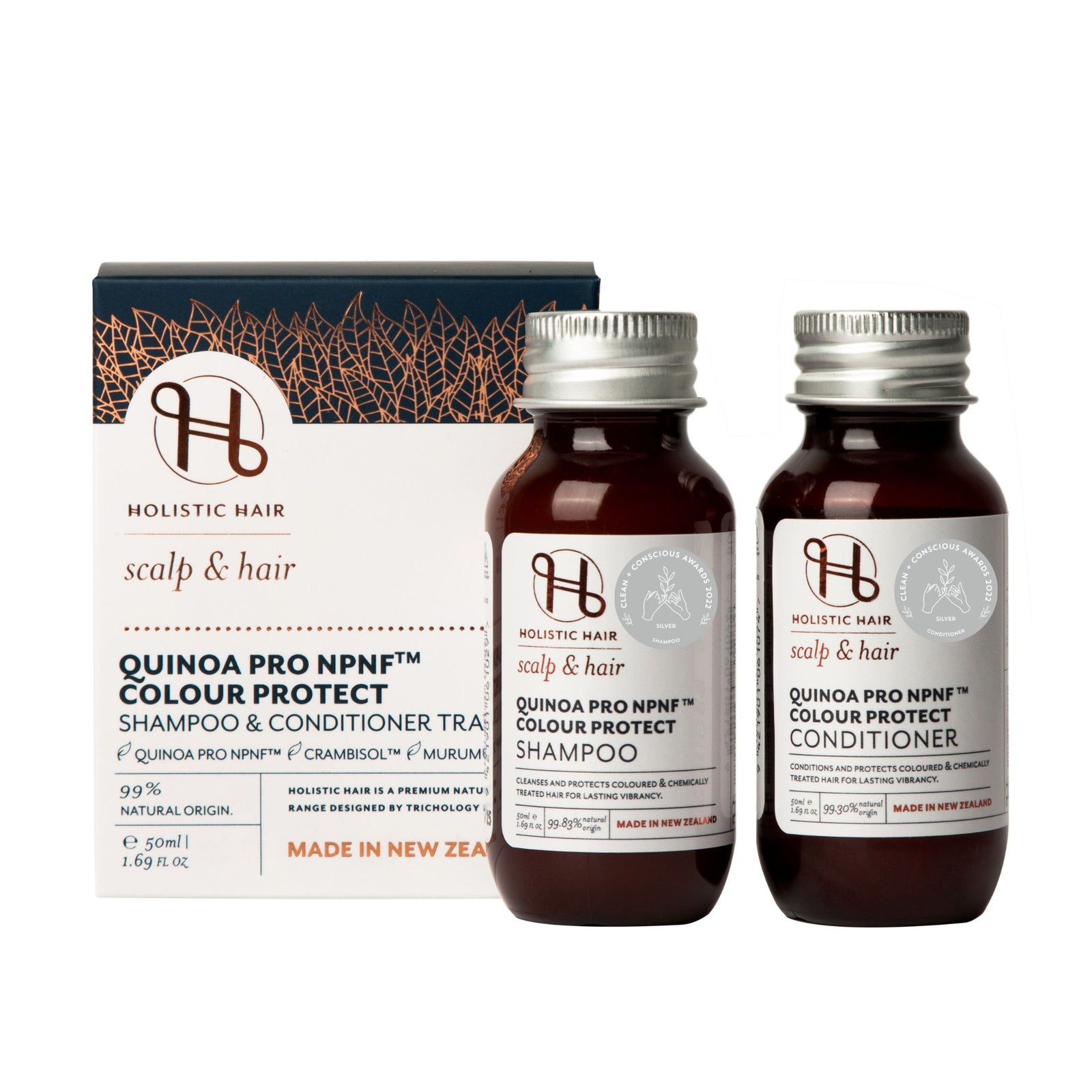 Quinoa Pro NPNF™ Colour Protect Shampoo and Conditioner Set for vibrant, hydrated, and strong colour-treated hair.