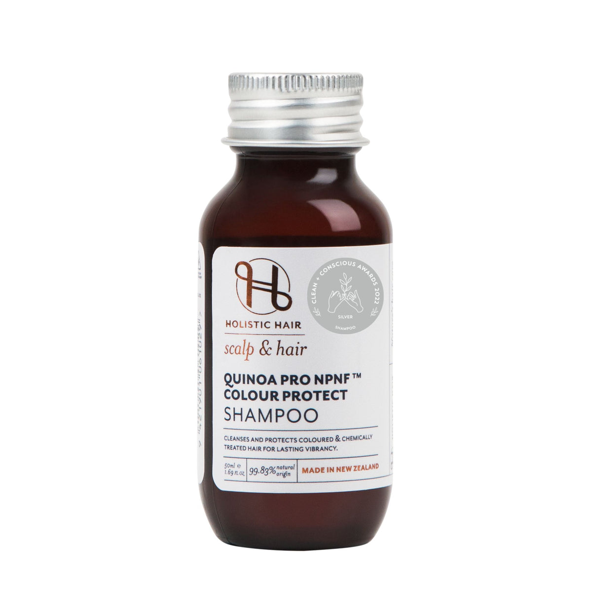 Bottle of Holistic Hair Quinoa Pro NPNF™ Colour Protect Shampoo, designed to preserve colour, hydrate, and strengthen hair naturally.