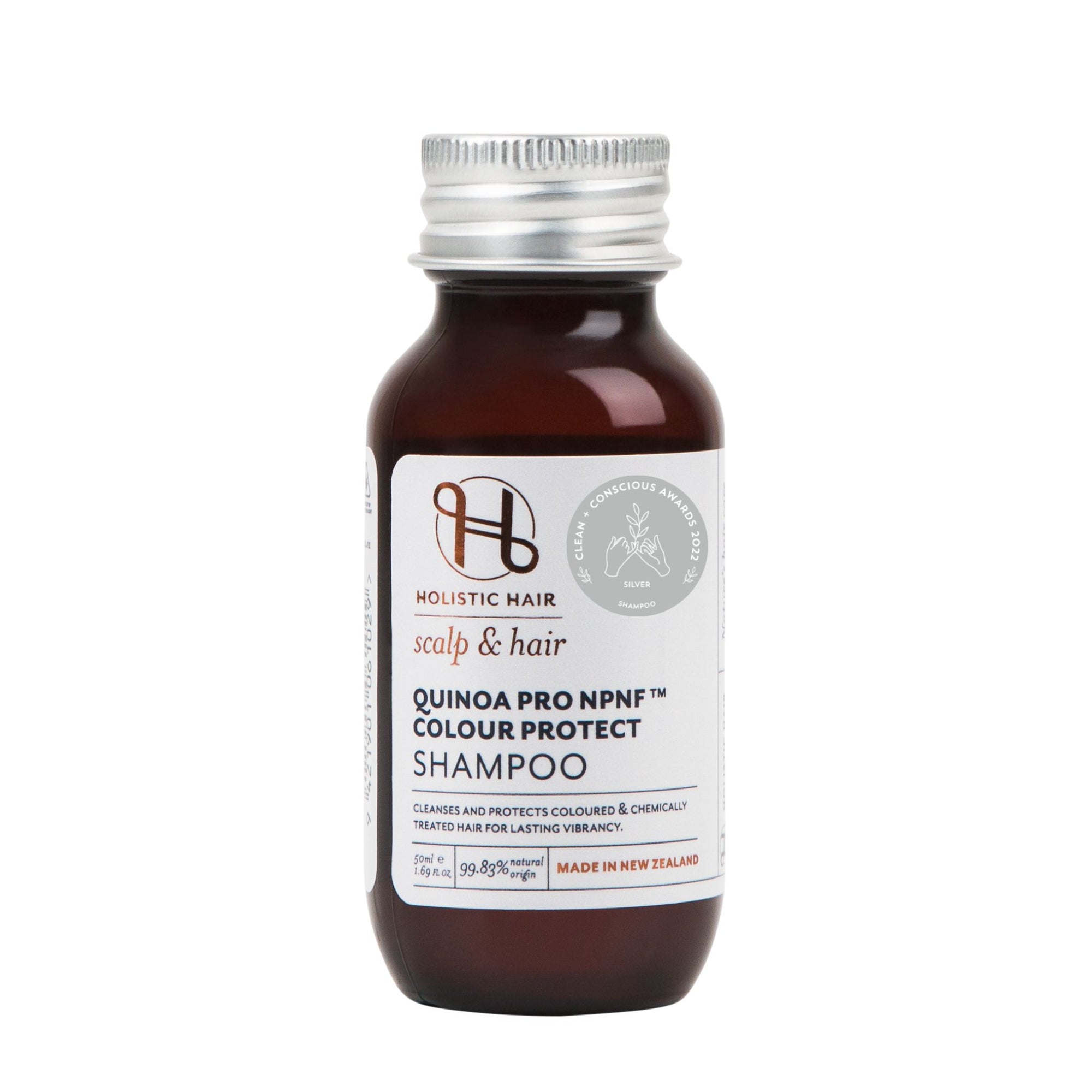 Bottle of Holistic Hair Quinoa Pro NPNF™ Colour Protect Shampoo, designed to preserve colour, hydrate, and strengthen hair naturally.